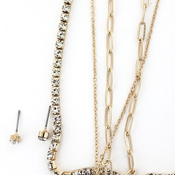 CRYSTAL GOLDTONE LOCK & KEY NECKLACE EARRING SET - Picture 2 of 4